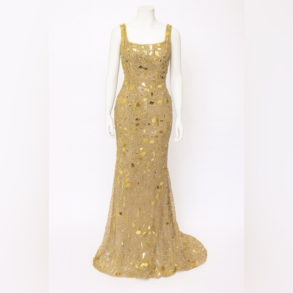 FJOLLA HAXHISMAJILI GOLD EMBROIDERED EVENING GOWN MAXI DRESS ELEGANT CUSTOM